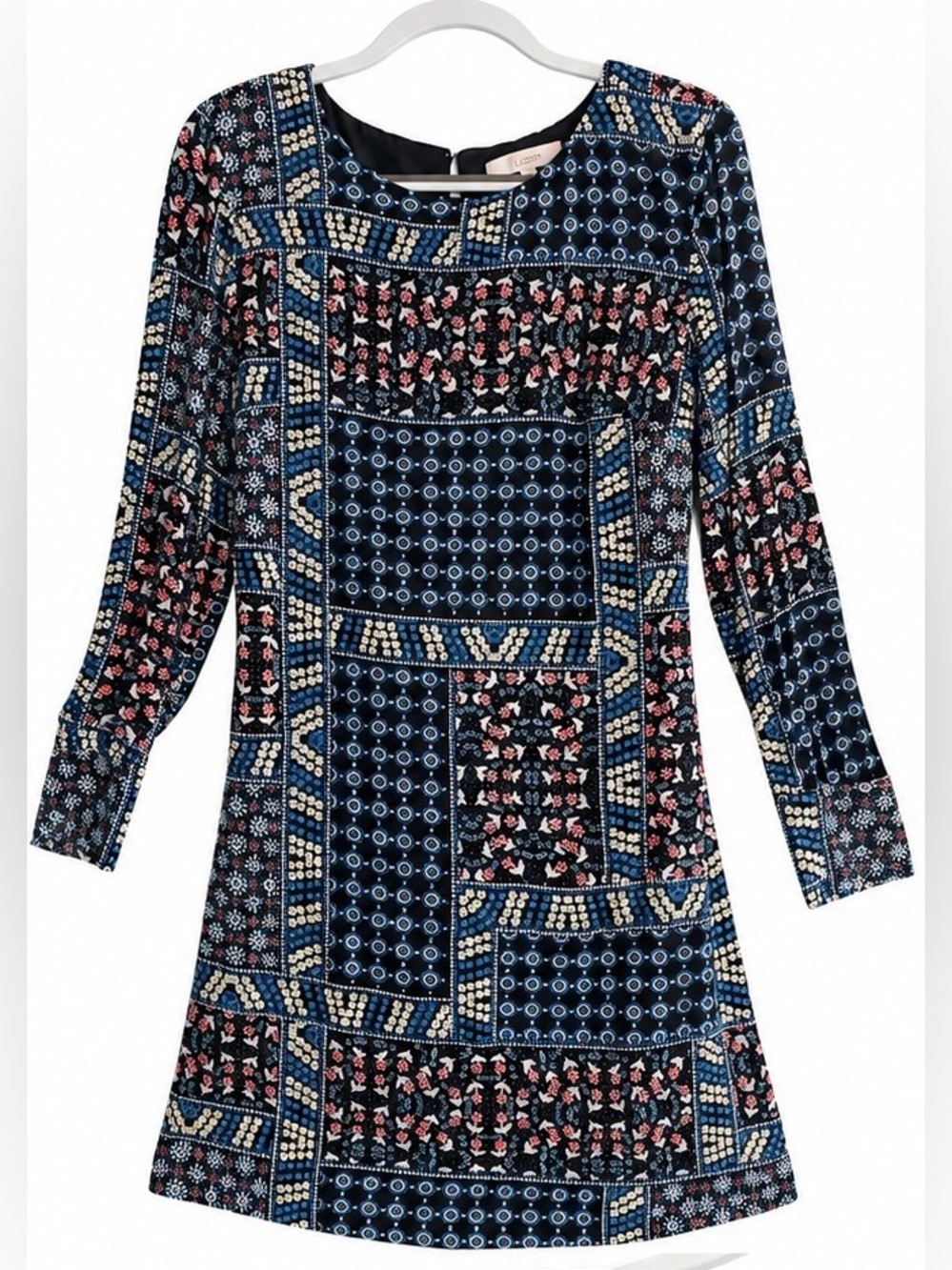 LOFT Navy and Pink Patchwork-Print Long Sleeve Dress